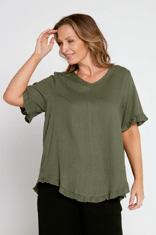 Mara Linen Blend Top - Sage Khaki