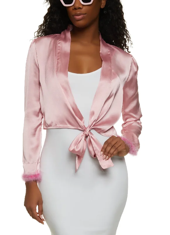 Feather Trim Satin Tie Front Blouse