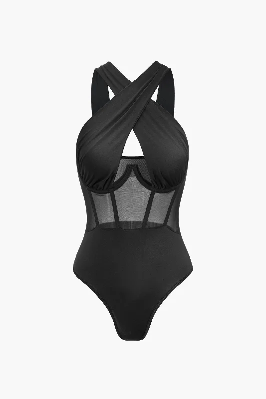 Sheer Mesh Patchwork Cross Bodysuit