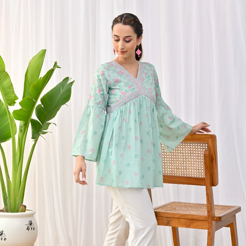 Mint Sanganeri Print Tunic with Bell Sleeves