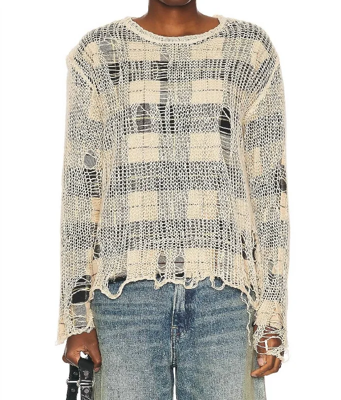 Overlay Distressed Crewneck Sweater In Cream/black/beige Plaid