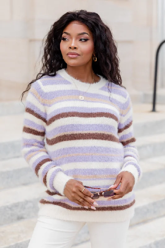 Trying Everything Purple And Brown Fuzzy Striped Sweater