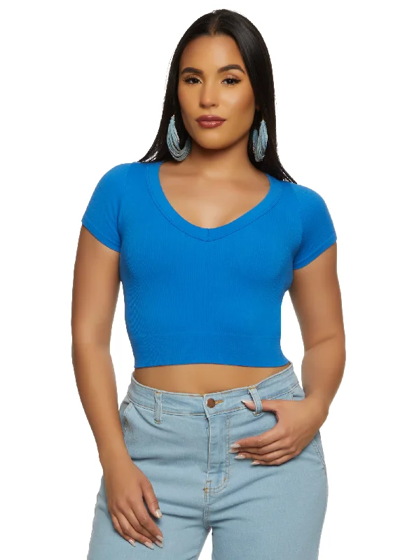 Seamless Ribbed V Neck Cropped Tee