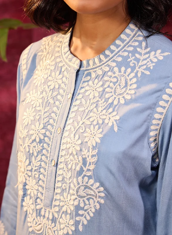 Saadgi Windy Blue Embroidered Cotton Linen Tunic for Women