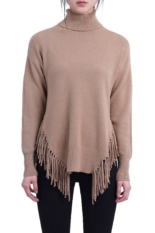 Saylor Fringe Sweater In Camel