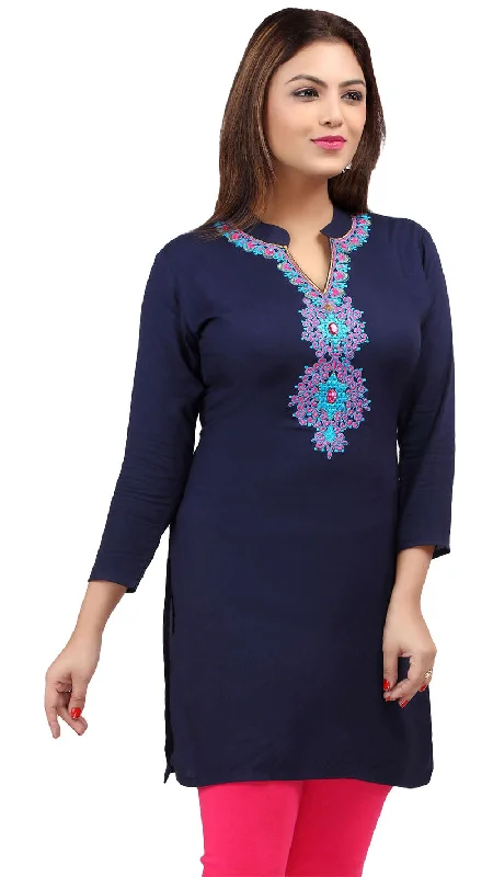 Short Kurti Women's Blouse Embroidered Indian Clothing (Blue)