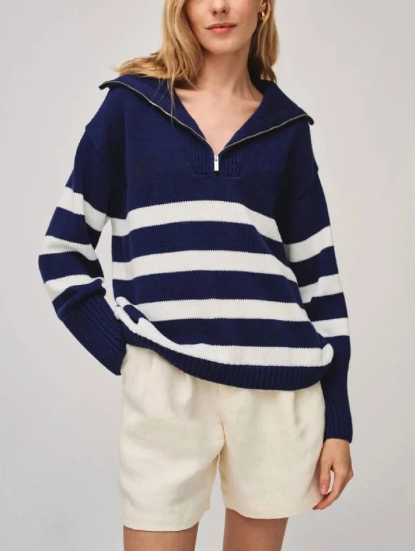 Striped Quarter Zip In Navy/white Stripe