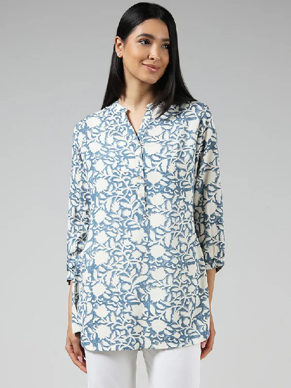 Utsa Blue Leaf Printed Tunic