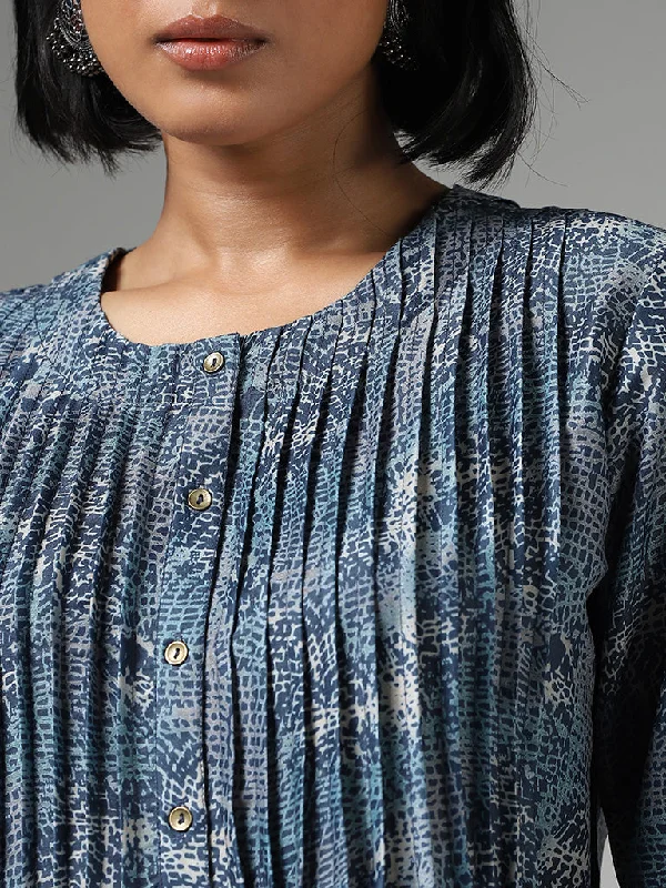 Utsa Indigo Abstract Printed Pleated Kurti