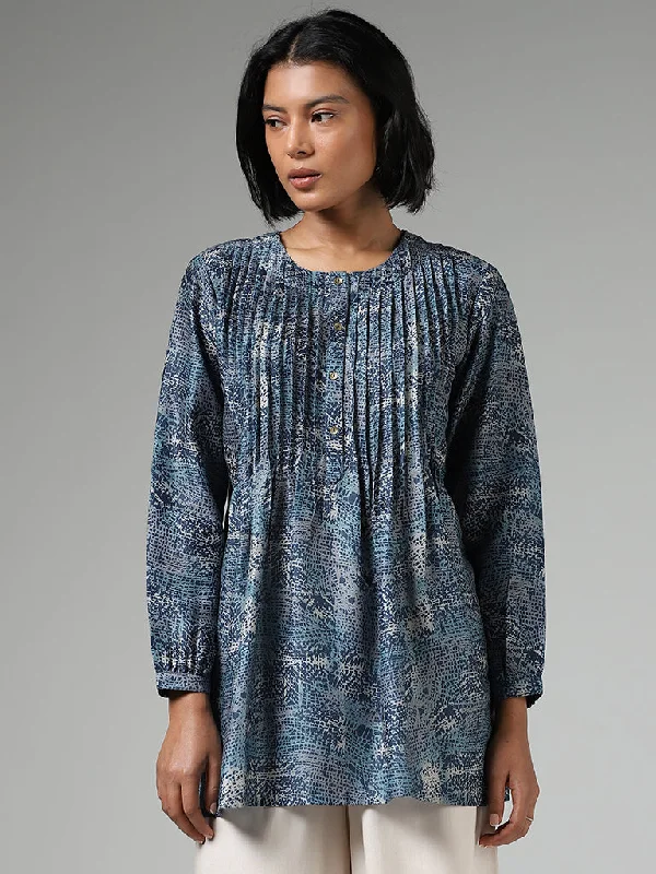 Utsa Indigo Abstract Printed Pleated Kurti