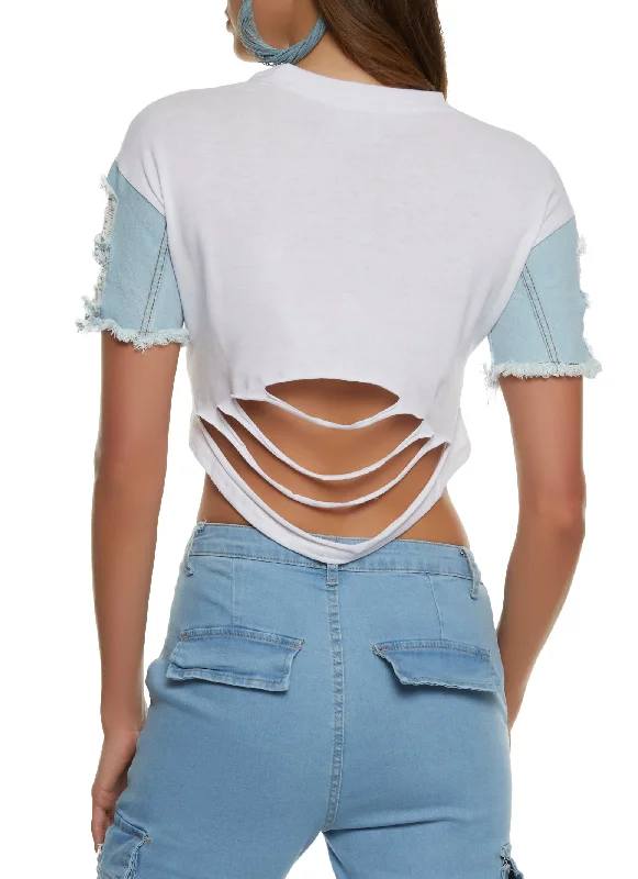 Distressed Denim Short Sleeve Crop Top