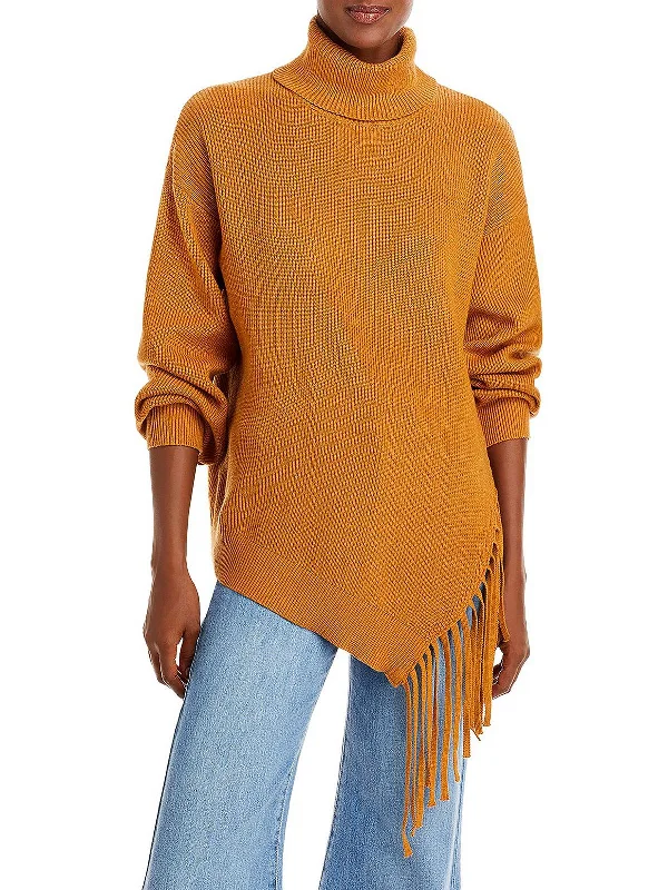 Womens Fringe Slit Turtleneck Sweater