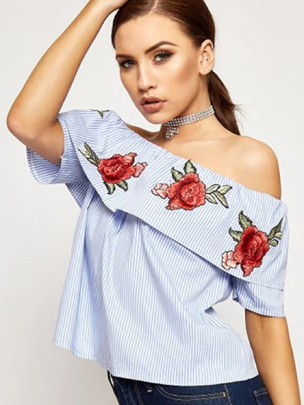 KittenAlarm - Off shoulder embroidered rose STRIPE T-shirt