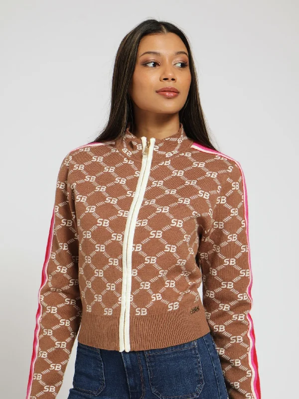 Athleisure Knitted Jacquard Logo Zip Through Top - Stone