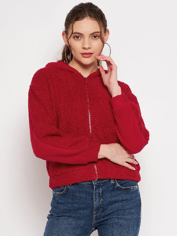 Camla Barcelona Solid Red Hooded Sherpa Sweatshirt