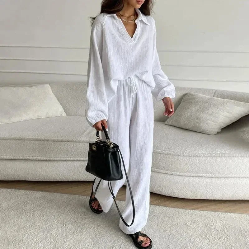 Elegant Women Casual Loose Outfit Female Long Sleeve Top Drawstring Trousers