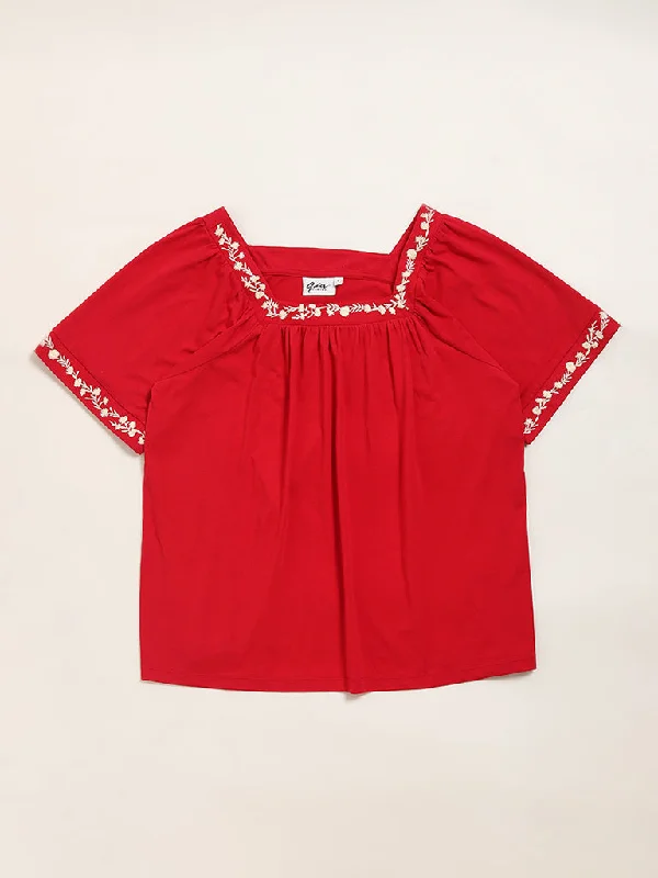 Gia Red Floral Embroidered Blouse