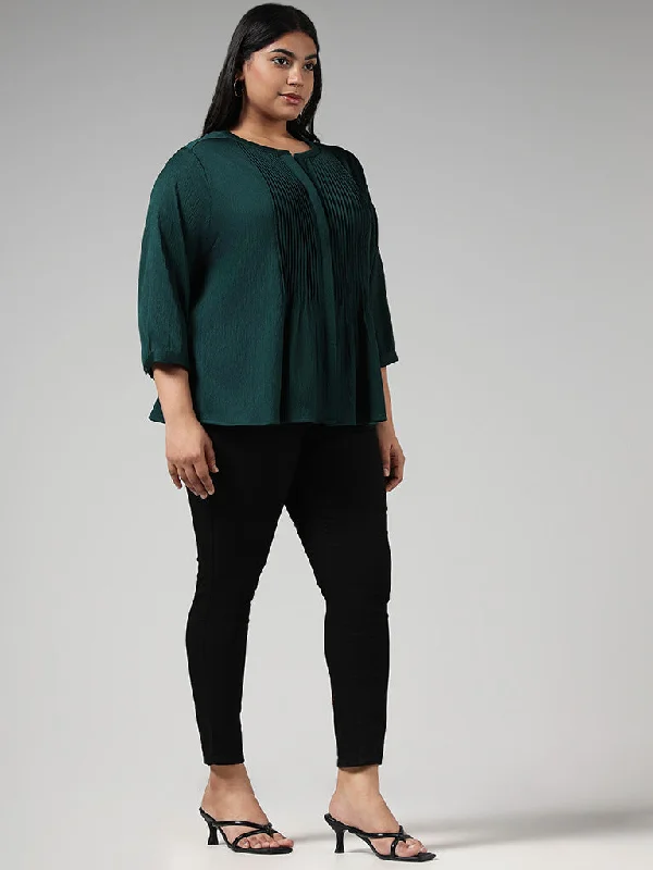 Gia Solid Green Button Down Pleated Top