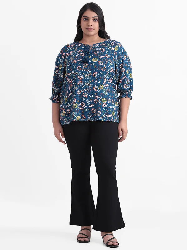 Gia Teal Printed Floral Relaxed-Fit Blouse