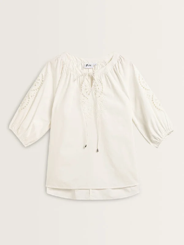 Gia White Cut-Out Detailed Cotton Blouse