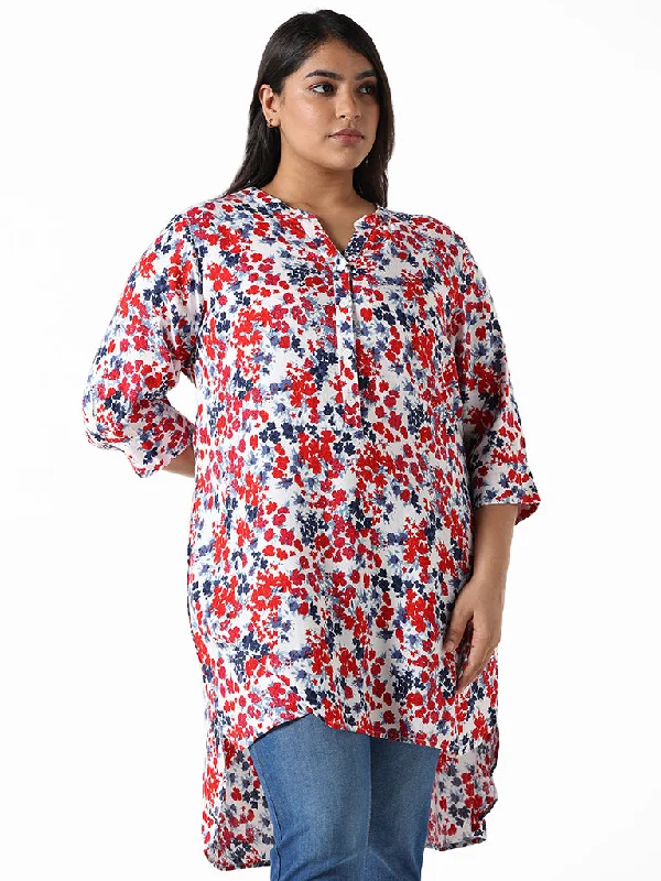 Gia White Multi-Colored Printed Floral Relaxed-Fit Blouse