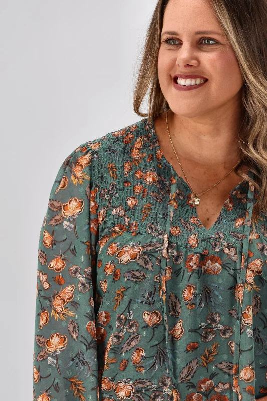 Gloss by Shine Zara Shirred Yoke Top Teal Floral