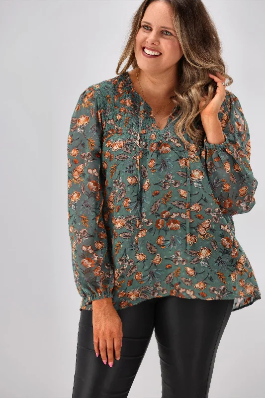 Gloss by Shine Zara Shirred Yoke Top Teal Floral