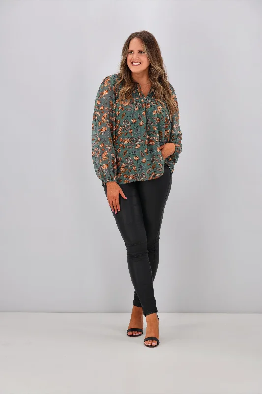 Gloss by Shine Zara Shirred Yoke Top Teal Floral