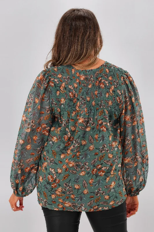 Gloss by Shine Zara Shirred Yoke Top Teal Floral