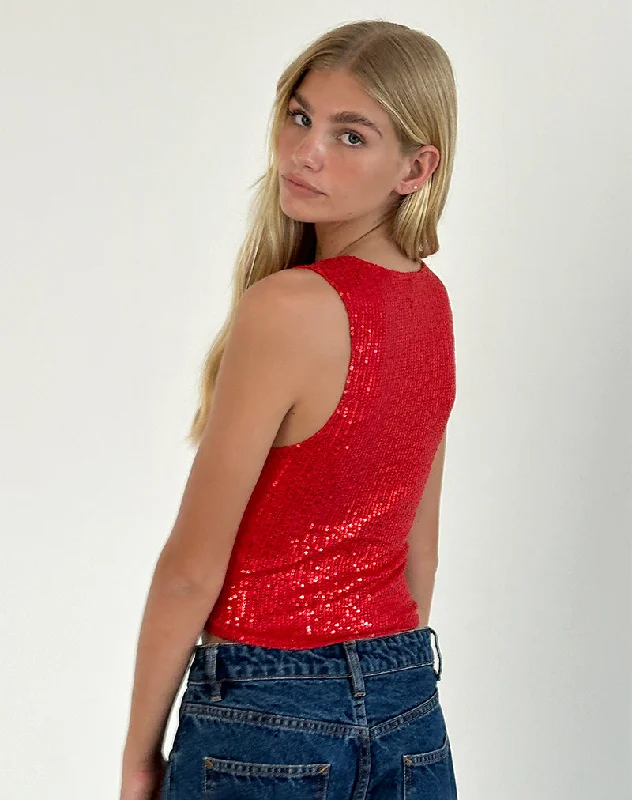 Hala Vest Top in Red Drape Mini Sequin