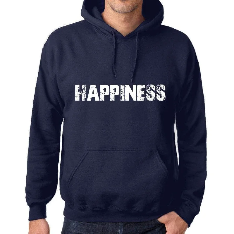 Unisex Printed Graphic Cotton Hoodie Popular Words HAPPINESS French Navy