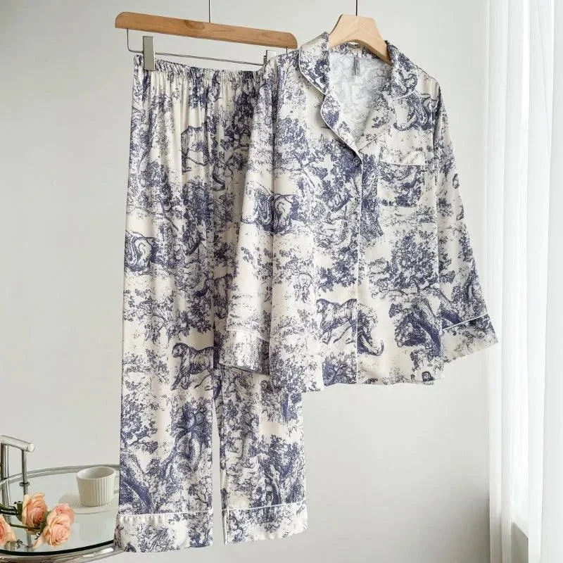 Women's Ice Silk Pajamas with New Ink Print Design: Long-Sleeved Homewear