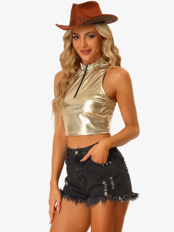 Metallic Crop Tops Mock Neck Zip Up Shiny Holographic Tank Top