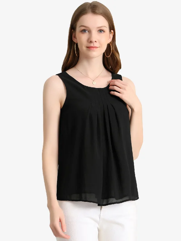 Tank Top Sleeveless Layering Pleated Front Lined Chiffon Blouse