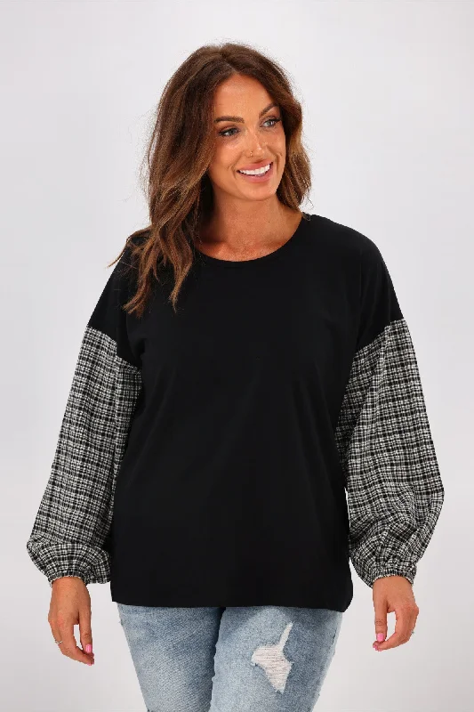 Shine On Label Cici Gingham Sleeve Top Black White