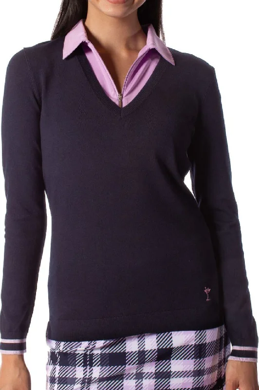 Navy/Lavender Stretch V-Neck Sweater