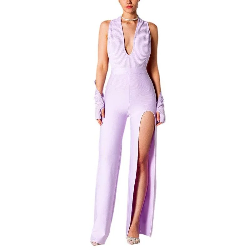 Summer Backless Halter V-neck Slimming Backless Slit Jumpsuit