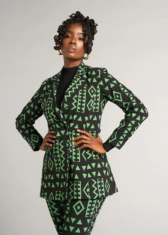 Uyai Women's African Print Stretch Blazer (Moss Black Geometric) - Clearance