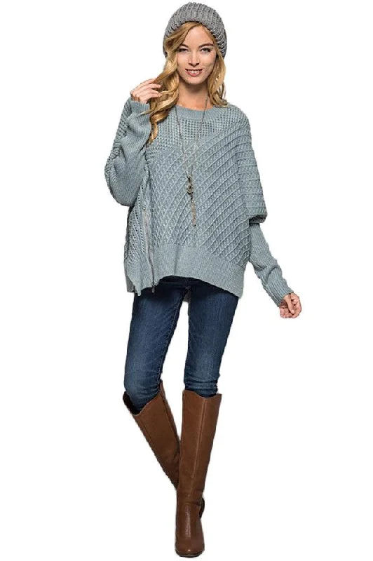 Women Long Sleeve Oversized Sweater With Front Zipper Detail