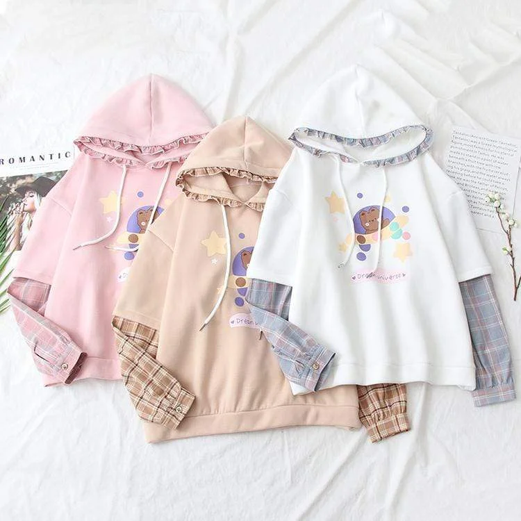 Women's Kawaii Bear Spaceship Hoodies Splicing Plaid Shirts