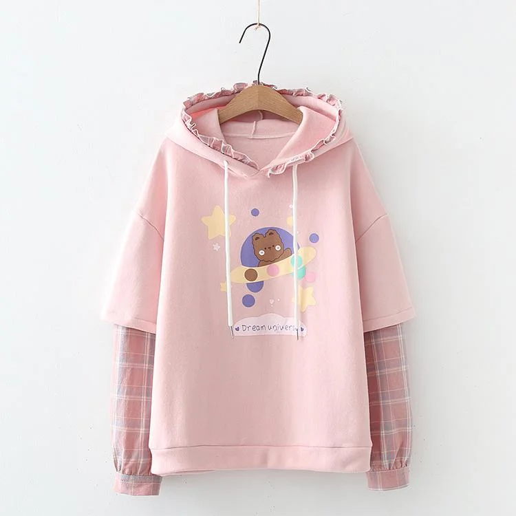 Women's Kawaii Bear Spaceship Hoodies Splicing Plaid Shirts