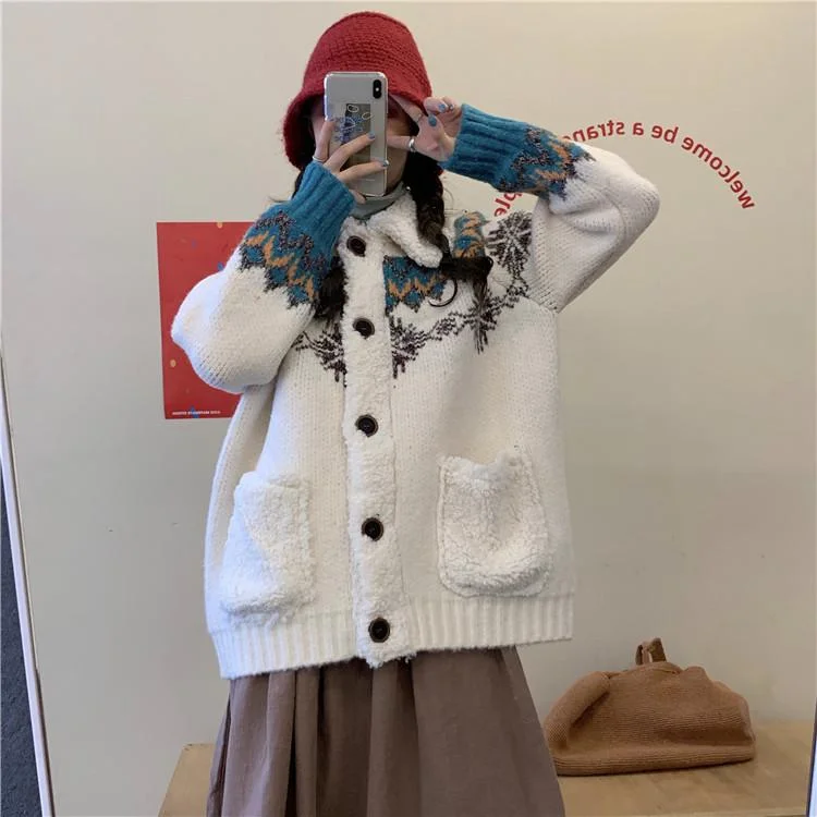 Women's Kawaii Constrast Color Snowflake Cardigans With Two Wool-like Pockets