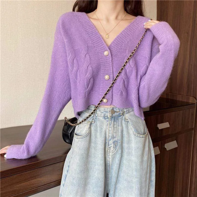 Women's Kawaii Plunging Cable Knitted Cardigan