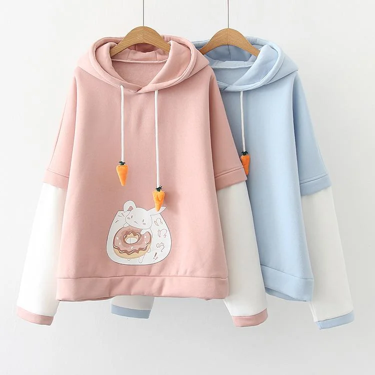 Women's Kawaii Rabbit Eating Sweet Buns Carrot Drawstrings Hoodies