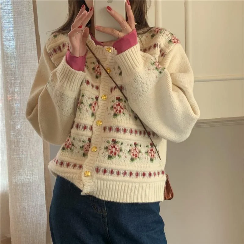 Women's Korean Style Floral Knitted Cardigan