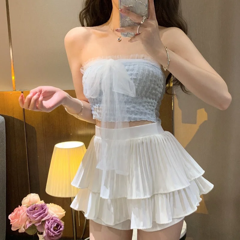 Women's Korean Style Strappy Ruched Lace Hem Bustier