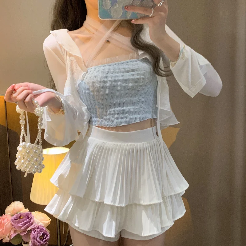 Women's Korean Style Strappy Ruched Lace Hem Bustier