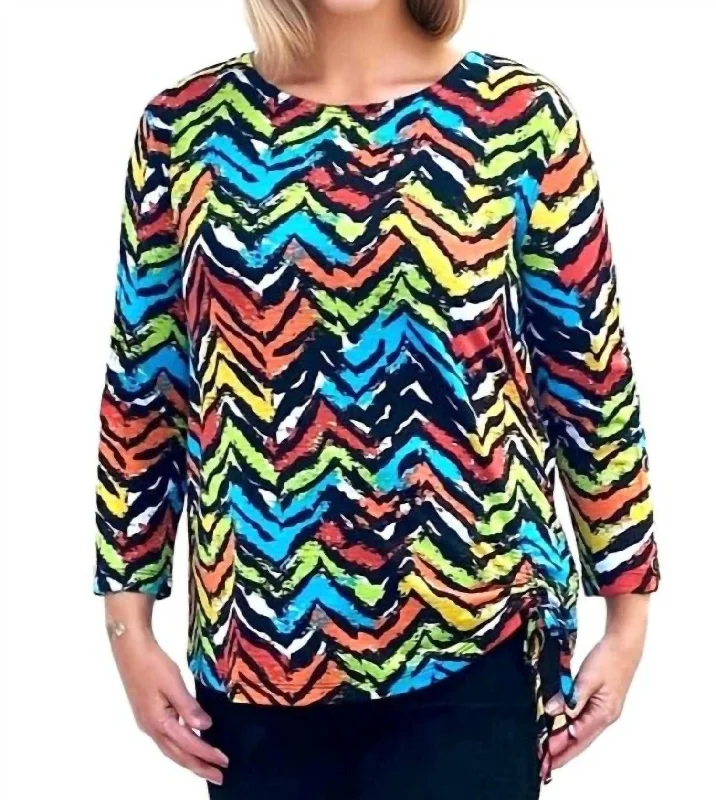 3/4 Sleeve Drawstring Print Slub Knit Top In Multi