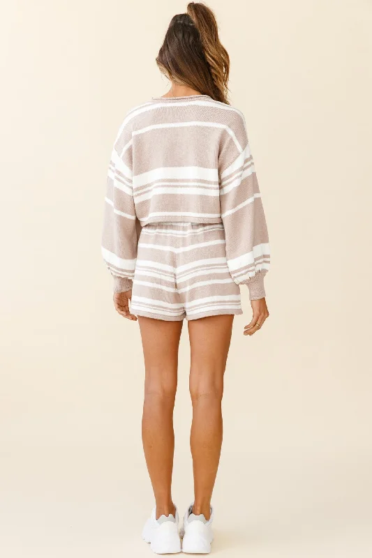 Carlo Long Balloon Sleeve Crop Top Striped Pattern Mocha