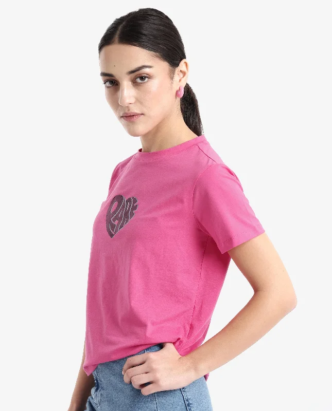 Rareism Women'S Ciara Flouroscent Pink Cotton Elastane Fabric Crew Neck Knit Solid T-Shirt